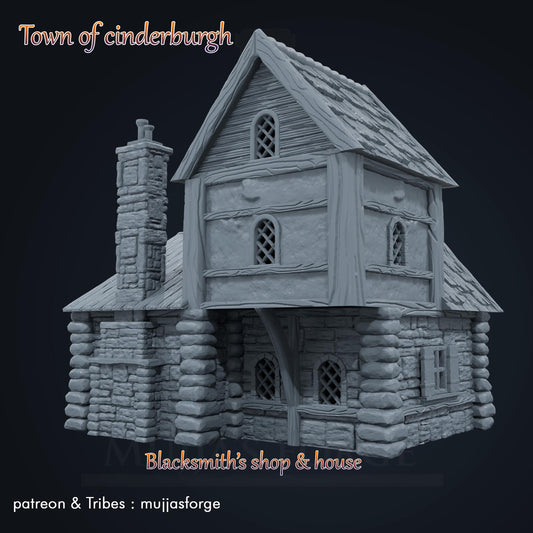 Medieval blacksmith’s house with detailed forge, living quarters, and open-air workshop. Perfect for fantasy and historical tabletop games at 10mm, 15mm, 18mm, 20mm, 28mm, and 32mm scales.