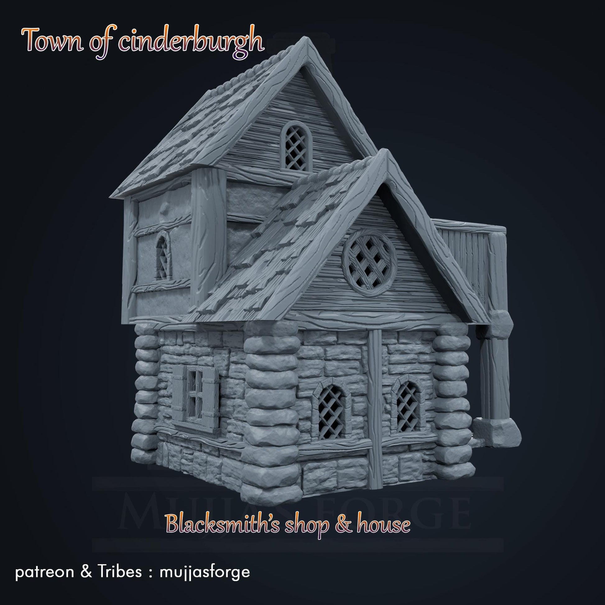 Medieval blacksmith’s house with detailed forge, living quarters, and open-air workshop. Perfect for fantasy and historical tabletop games at 10mm, 15mm, 18mm, 20mm, 28mm, and 32mm scales.