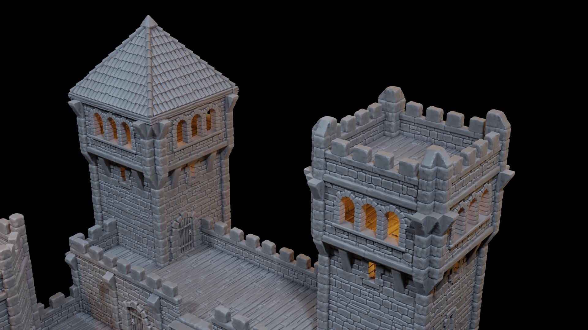 Modular medieval fortress with four towers, battlements, and detailed playable interiors. Ideal for fantasy and historical tabletop games in 10mm, 15mm, 18mm, 20mm, 28mm, and 32mm scales.