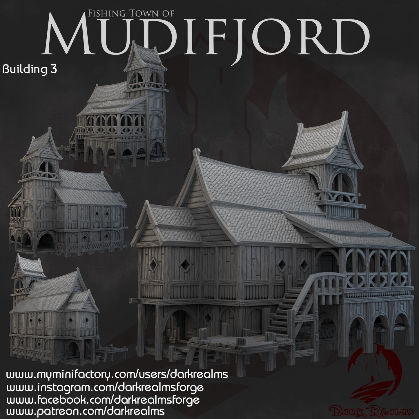 Two-story Nordic hall with tower bell, dockside walkways, removable roof, and full interior rooms—ideal for fjord-town adventures, Viking ports, or seaside fantasy campaigns.