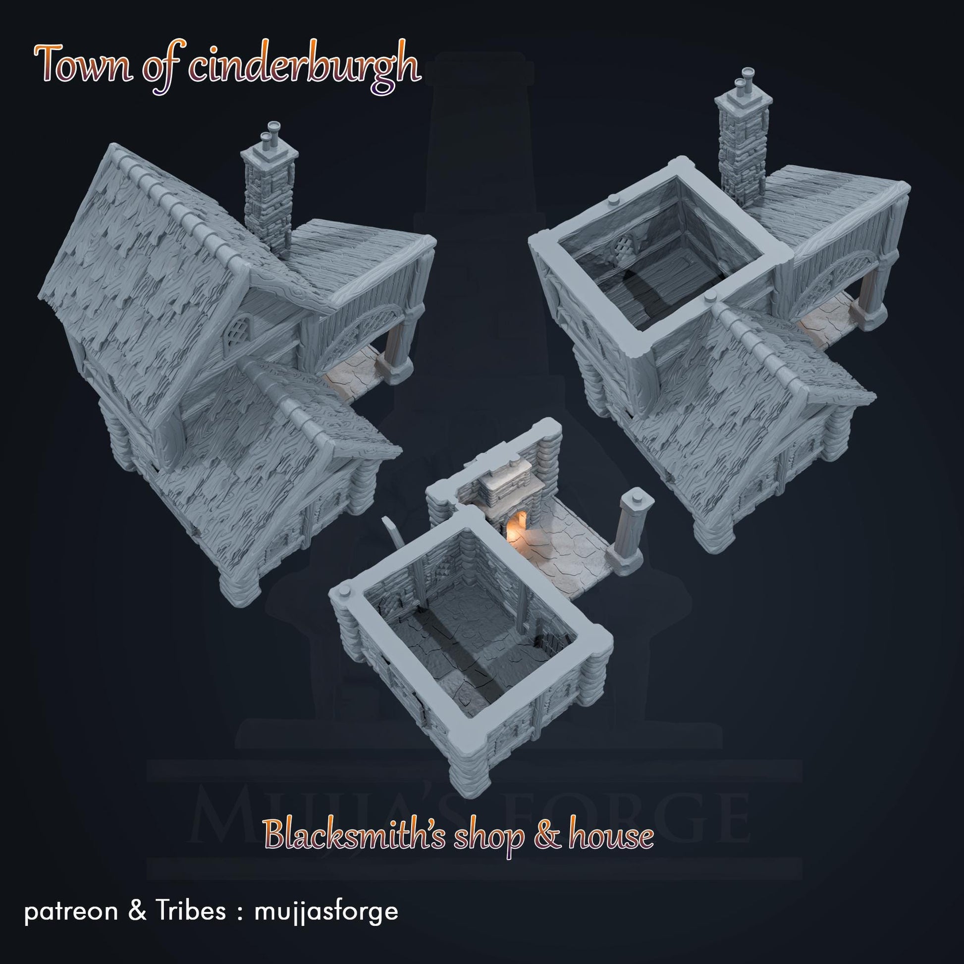 Medieval blacksmith’s house with detailed forge, living quarters, and open-air workshop. Perfect for fantasy and historical tabletop games at 10mm, 15mm, 18mm, 20mm, 28mm, and 32mm scales.