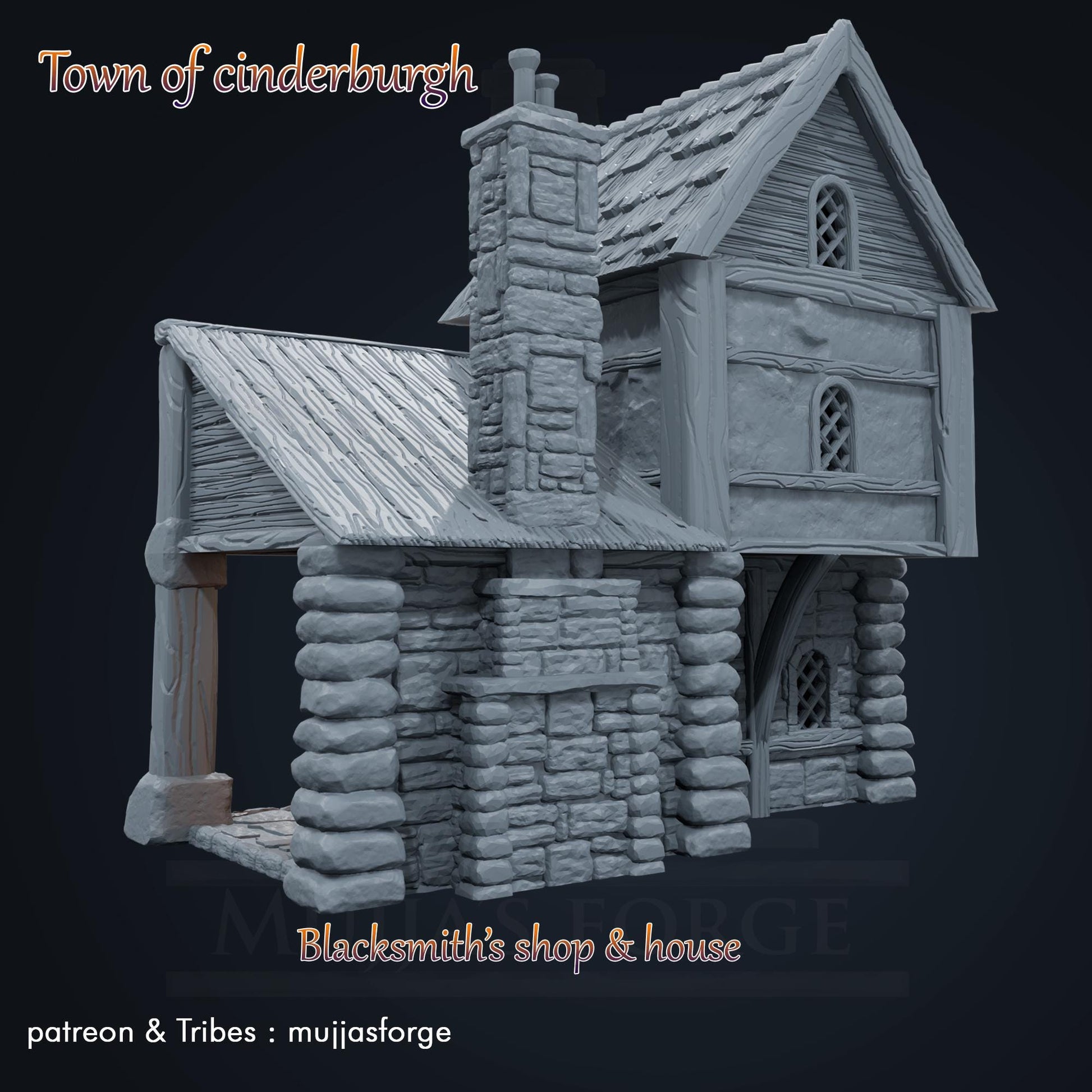 Medieval blacksmith’s house with detailed forge, living quarters, and open-air workshop. Perfect for fantasy and historical tabletop games at 10mm, 15mm, 18mm, 20mm, 28mm, and 32mm scales.
