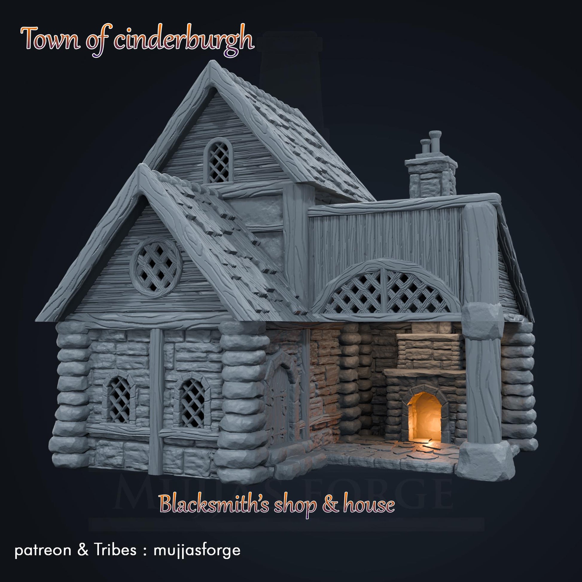 Medieval blacksmith’s house with detailed forge, living quarters, and open-air workshop. Perfect for fantasy and historical tabletop games at 10mm, 15mm, 18mm, 20mm, 28mm, and 32mm scales.