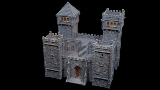 Modular medieval fortress with four towers, battlements, and detailed playable interiors. Ideal for fantasy and historical tabletop games in 10mm, 15mm, 18mm, 20mm, 28mm, and 32mm scales.