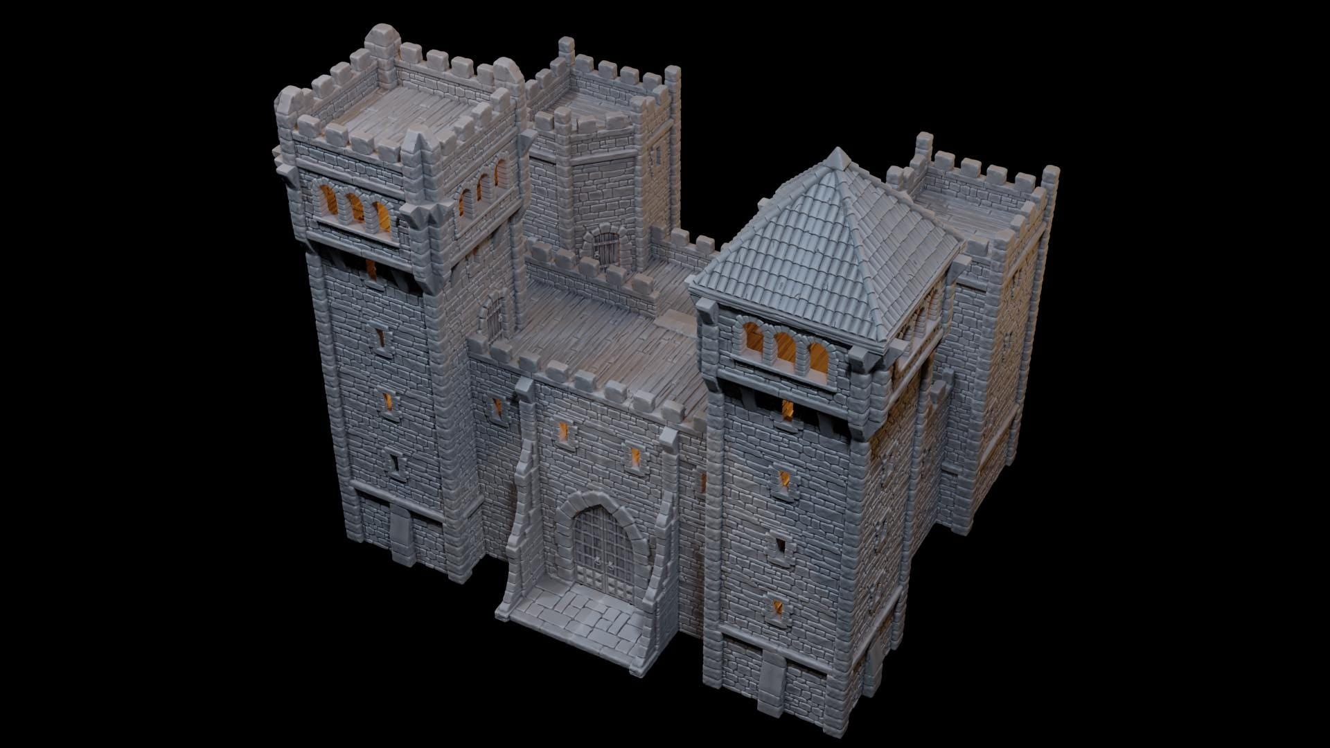 Modular medieval fortress with four towers, battlements, and detailed playable interiors. Ideal for fantasy and historical tabletop games in 10mm, 15mm, 18mm, 20mm, 28mm, and 32mm scales.