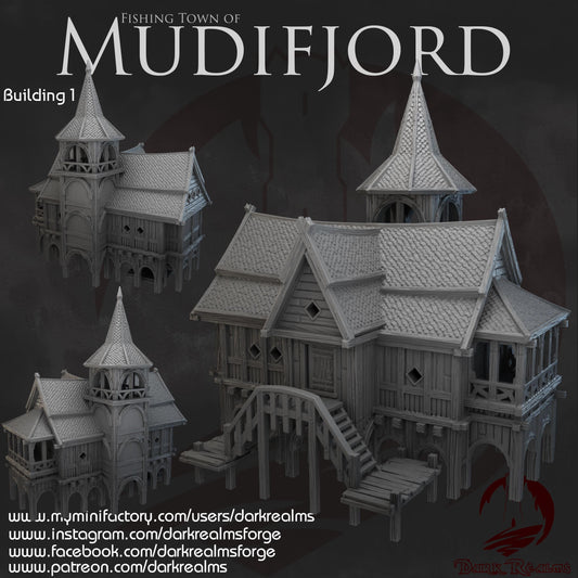 Nordic-style fishing house with raised docks, stilt supports, modular floors, and a removable roof—perfect for tabletop port towns, viking campaigns, and misty coastal adventures.
