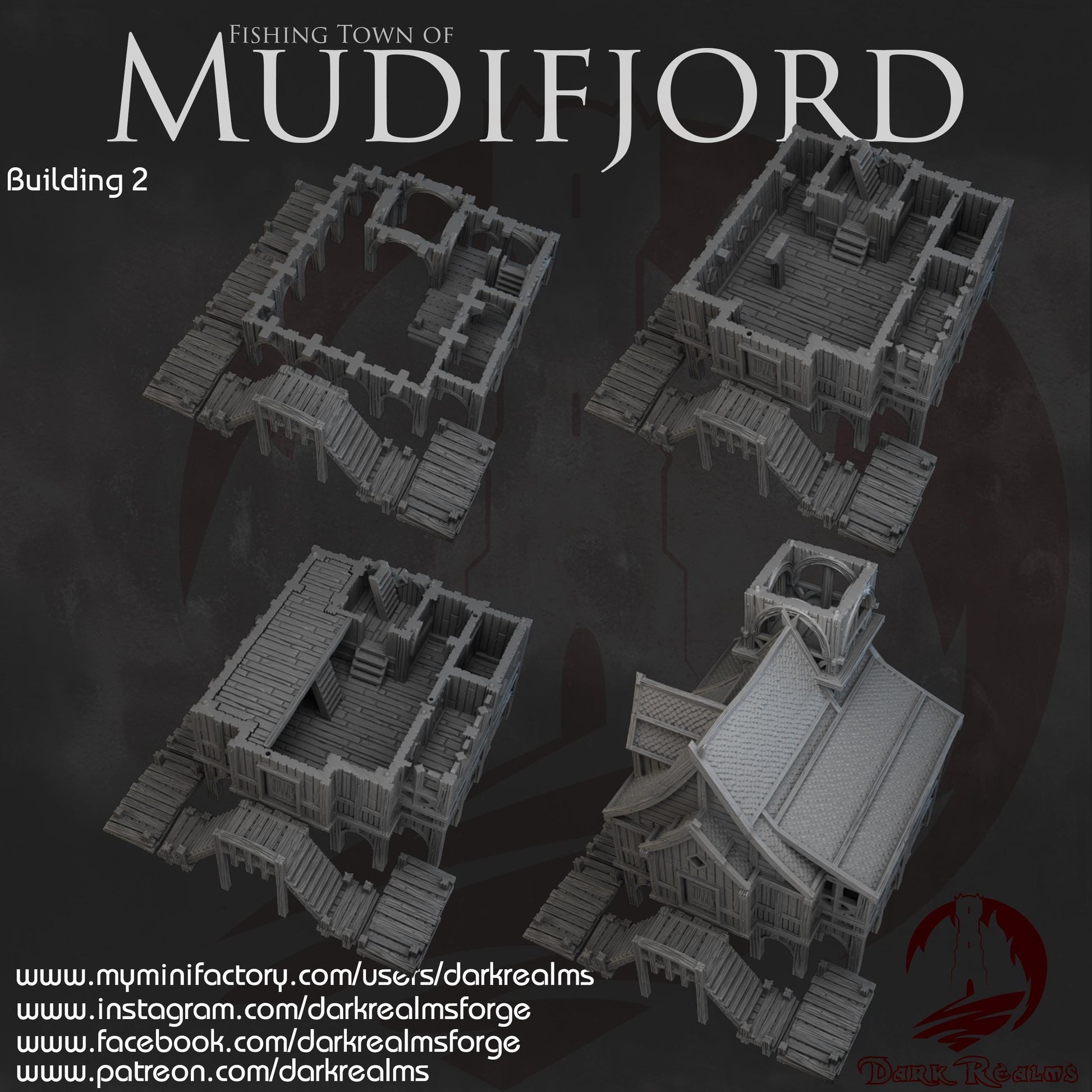 Modular Nordic wharf tavern with dockside tower, playable interiors, arched stilt supports, and wraparound decking—designed for immersive coastal or Viking-style tabletop adventures.