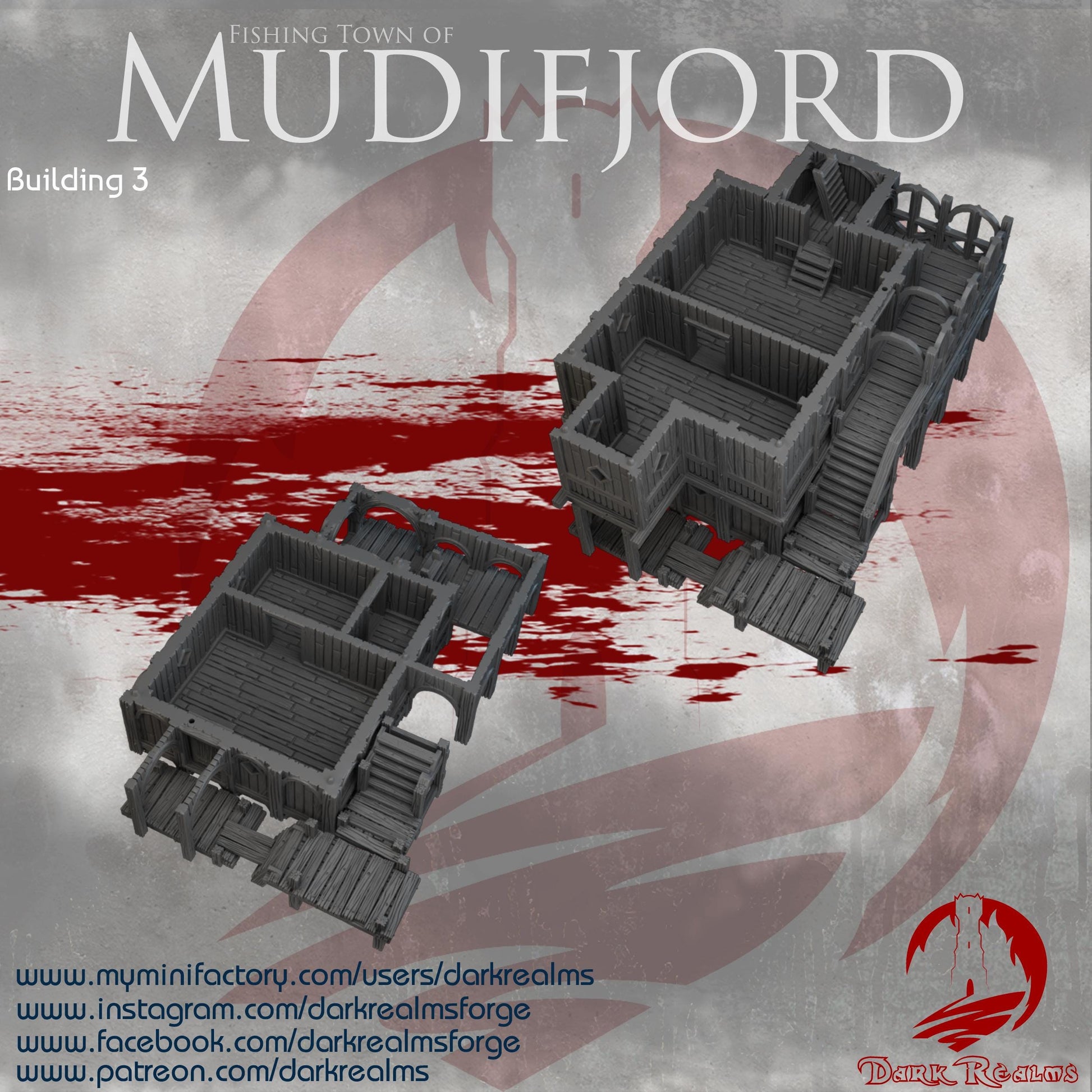 Two-story Nordic hall with tower bell, dockside walkways, removable roof, and full interior rooms—ideal for fjord-town adventures, Viking ports, or seaside fantasy campaigns.