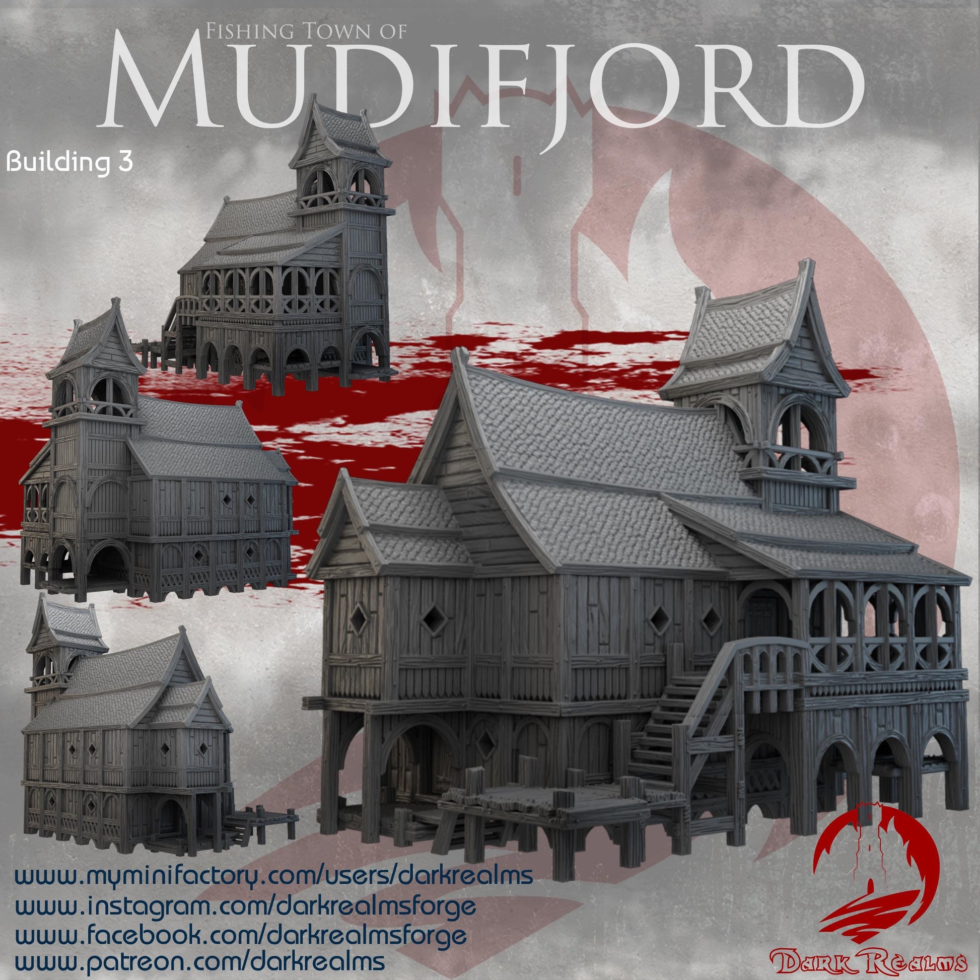 Two-story Nordic hall with tower bell, dockside walkways, removable roof, and full interior rooms—ideal for fjord-town adventures, Viking ports, or seaside fantasy campaigns.
