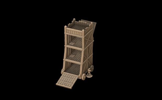 Medieval Siege Tower: Three-Level Wheeled Assault Engine Tabletop Terrain, Model Railroading