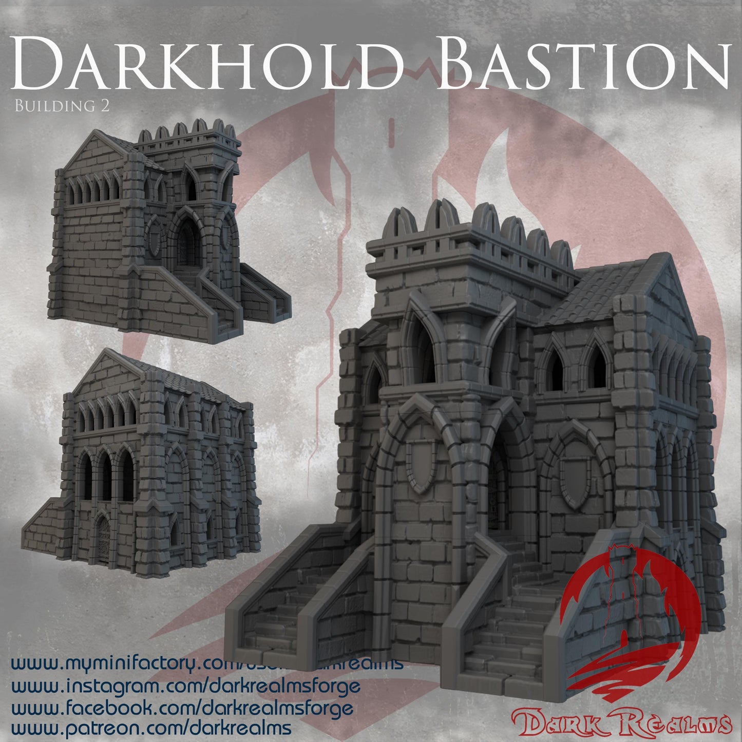The Darkhold Bastion looms above the battlefield—arched windows peering over the wastelands, staircases beckoning both defender and intruder. Inside, narrow halls and tight corners conceal the movements of spies or the whispers of cults. A stronghold. A shrine. A last stand.