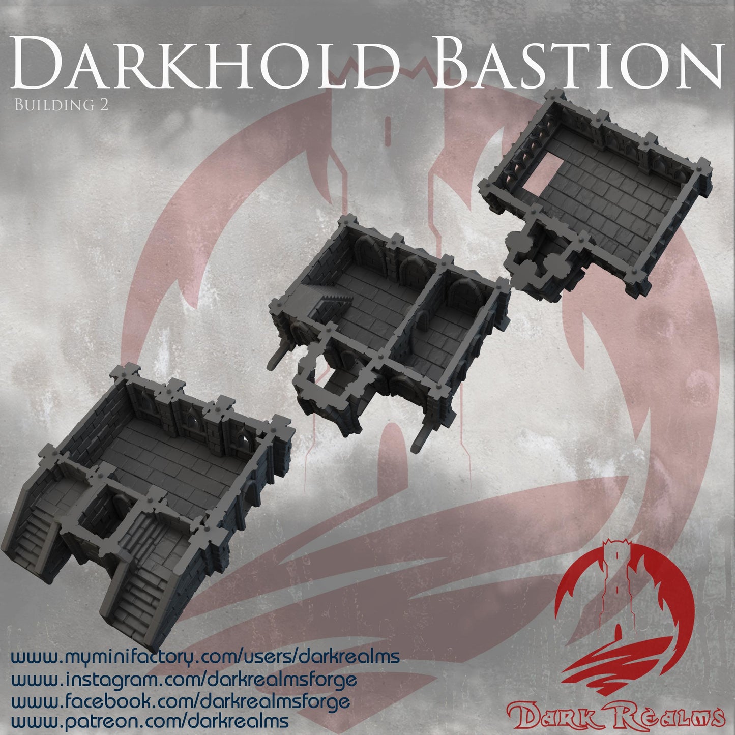 The Darkhold Bastion looms above the battlefield—arched windows peering over the wastelands, staircases beckoning both defender and intruder. Inside, narrow halls and tight corners conceal the movements of spies or the whispers of cults. A stronghold. A shrine. A last stand.