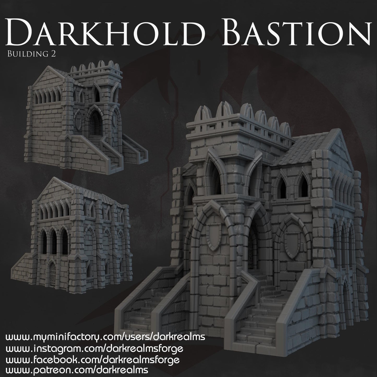 The Darkhold Bastion looms above the battlefield—arched windows peering over the wastelands, staircases beckoning both defender and intruder. Inside, narrow halls and tight corners conceal the movements of spies or the whispers of cults. A stronghold. A shrine. A last stand.