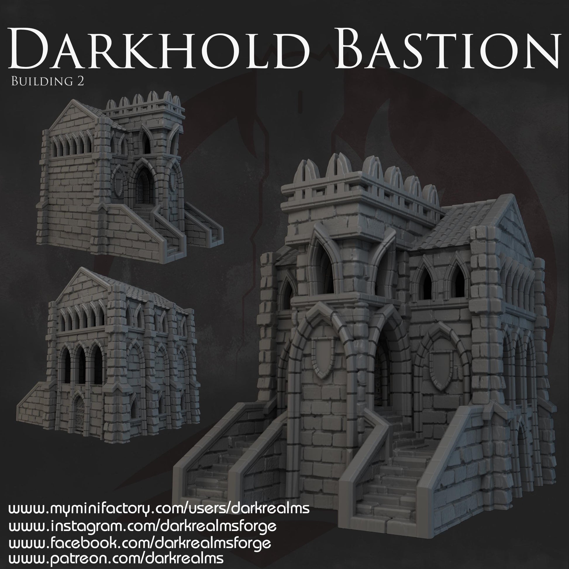 The Darkhold Bastion looms above the battlefield—arched windows peering over the wastelands, staircases beckoning both defender and intruder. Inside, narrow halls and tight corners conceal the movements of spies or the whispers of cults. A stronghold. A shrine. A last stand.