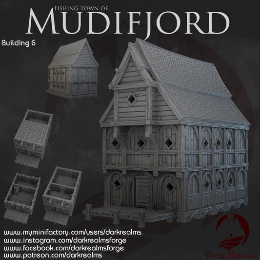A weathered timber building rises above the crashing waves of a Nordic harbor. With arched doorways and square-cut windows, this Viking-era structure stands as a testament to resilience and craftsmanship. Modular docks reach into the water, ready for longships or fishing boats, while the interior bustles with life, trade, and secrets.