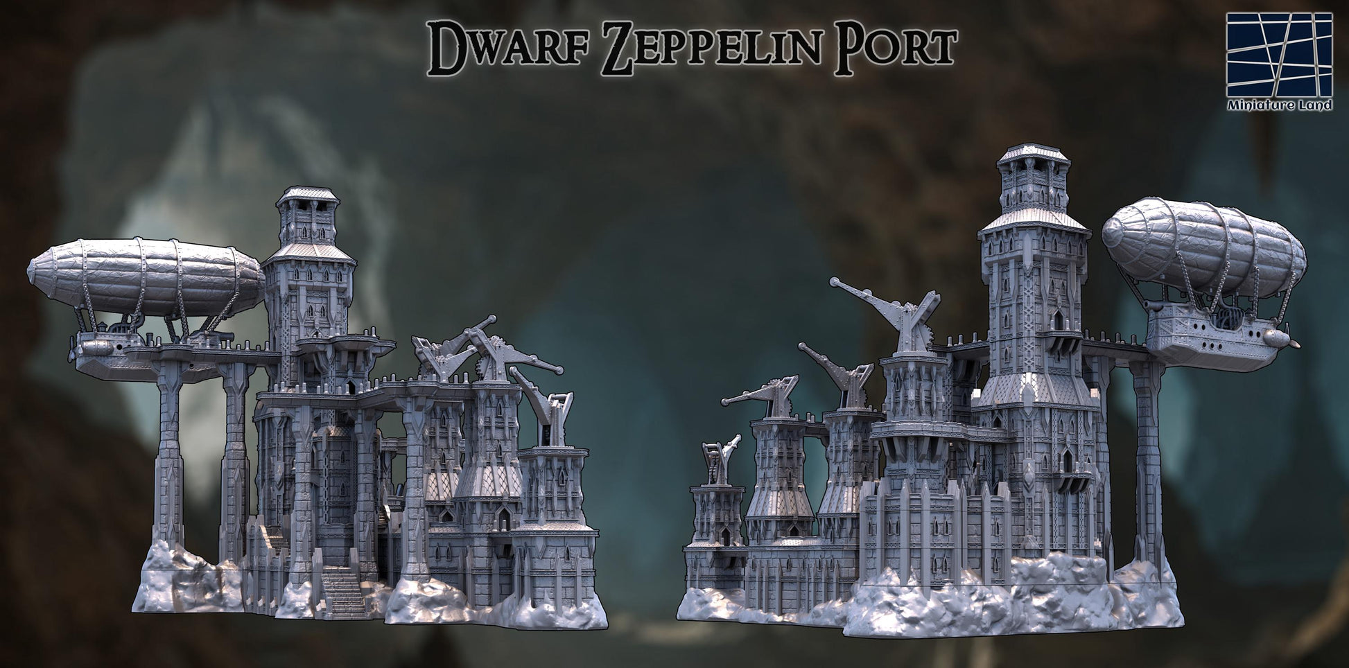 Command the skies from your dwarven mountain citadel — where zeppelins dock and stories begin.”

“No modular gimmicks — just a towering, fixed fortress with airship and cranes ready for battle.”

“The ultimate fantasy centerpiece terrain — defend the port or launch into high-altitude campaigns.”