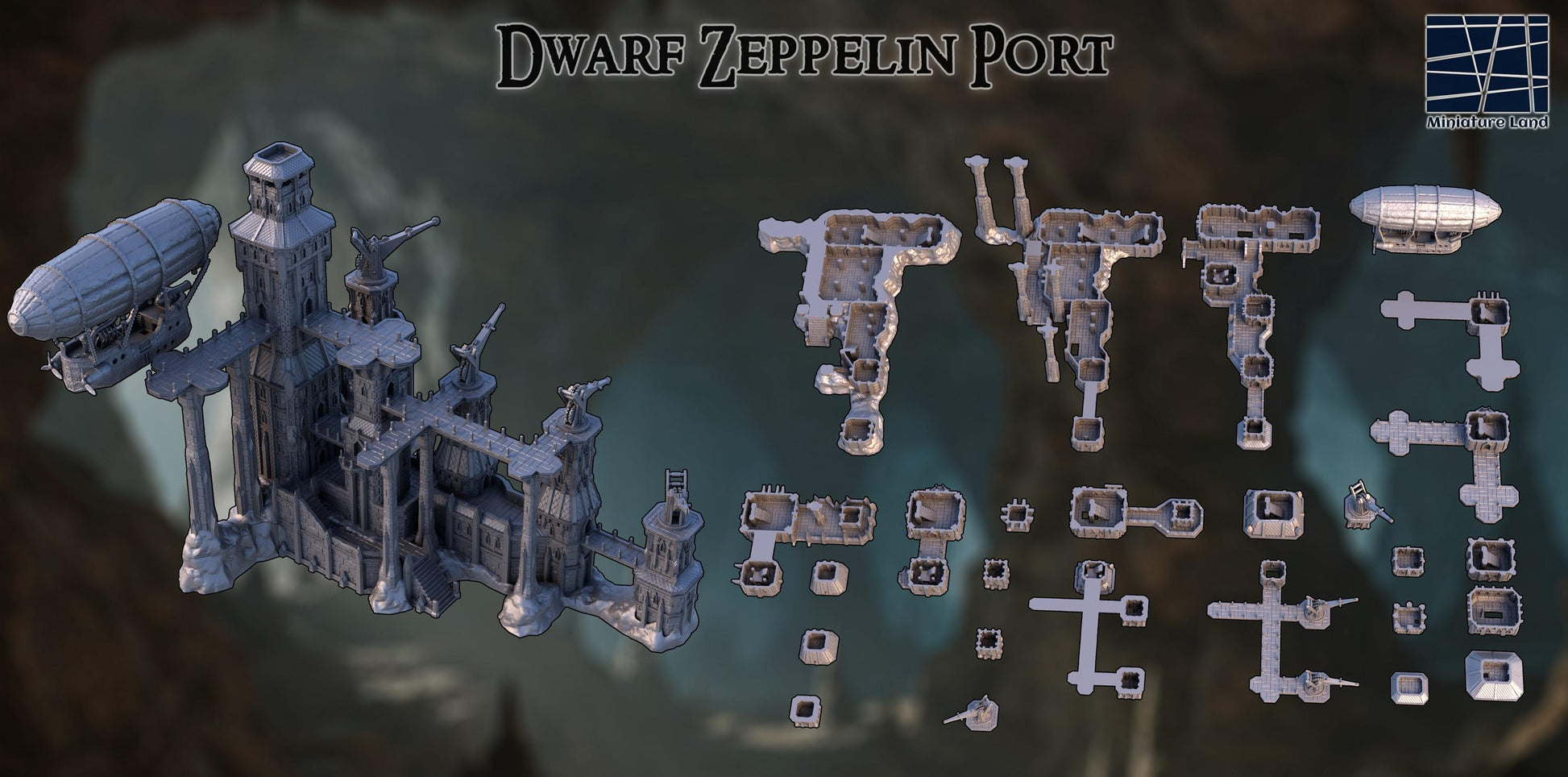 Command the skies from your dwarven mountain citadel — where zeppelins dock and stories begin.”

“No modular gimmicks — just a towering, fixed fortress with airship and cranes ready for battle.”

“The ultimate fantasy centerpiece terrain — defend the port or launch into high-altitude campaigns.”