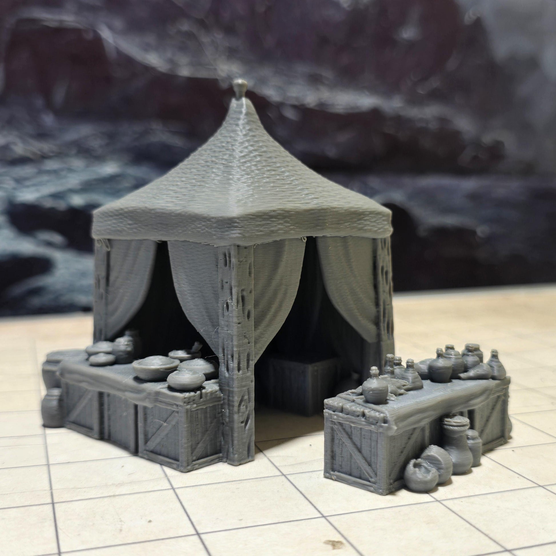 Covered Market Tent: Medieval Pottery Merchant's Setup - Tabletop RPG Scenery, Handcrafted Textile Detail