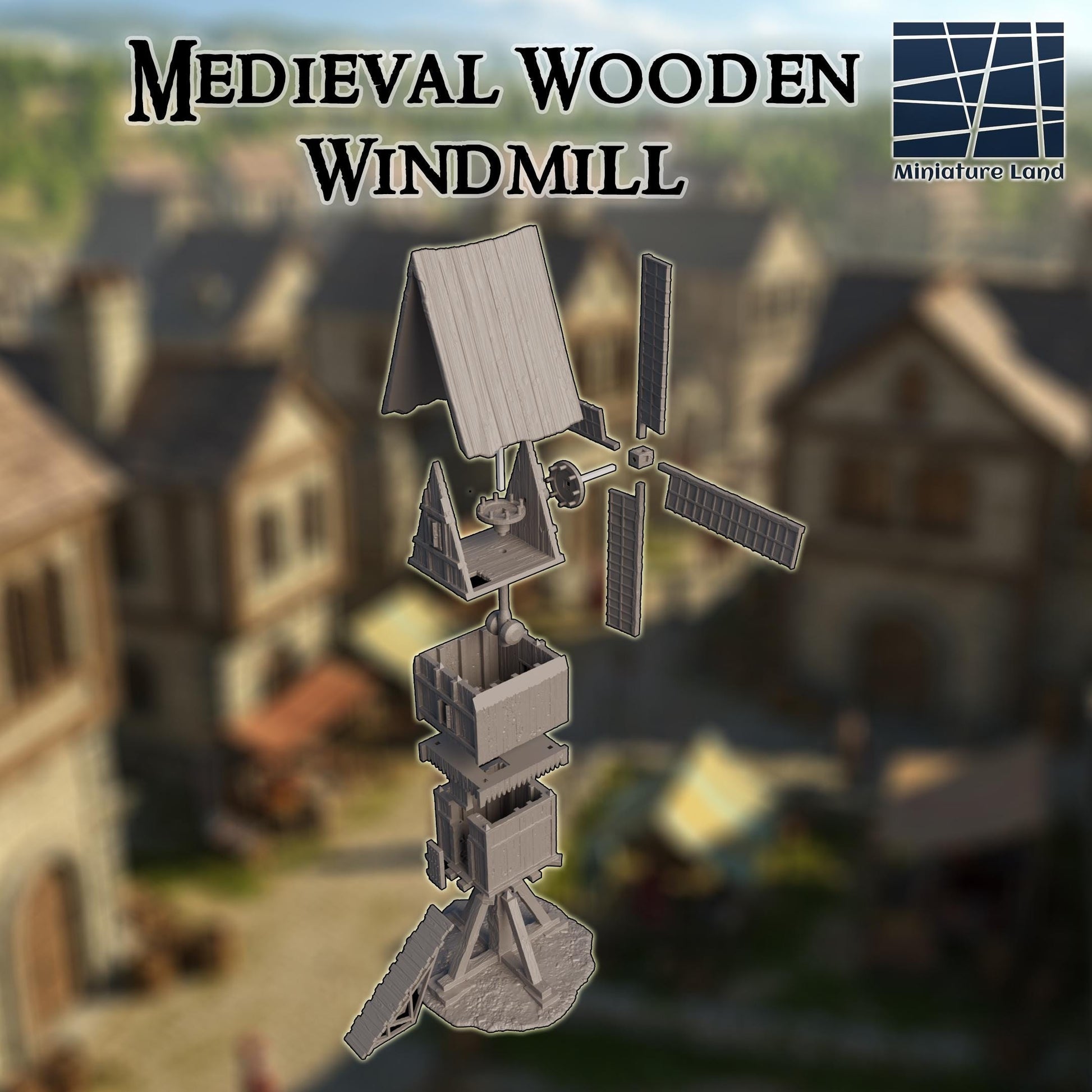Medieval Wooden Windmill: Functional Gristmill Terrain 28MM Tabletop Terrain, Model Railroading, Gaming