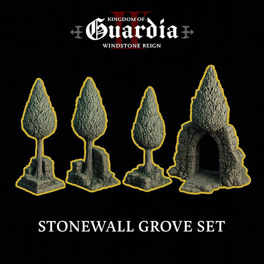 Towering trees rise from shattered stone — a forgotten woodland border where ruin meets regrowth. The Stonewall Grove watches silently, its roots wrapping around secrets long buried.