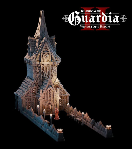 The Elderwood Chapel looms with reverence and danger. Roots climb its tower, torchlight guides its path, and its interior rooms glow with candlelit secrets — a perfect stage for faith, fear, and final encounters.