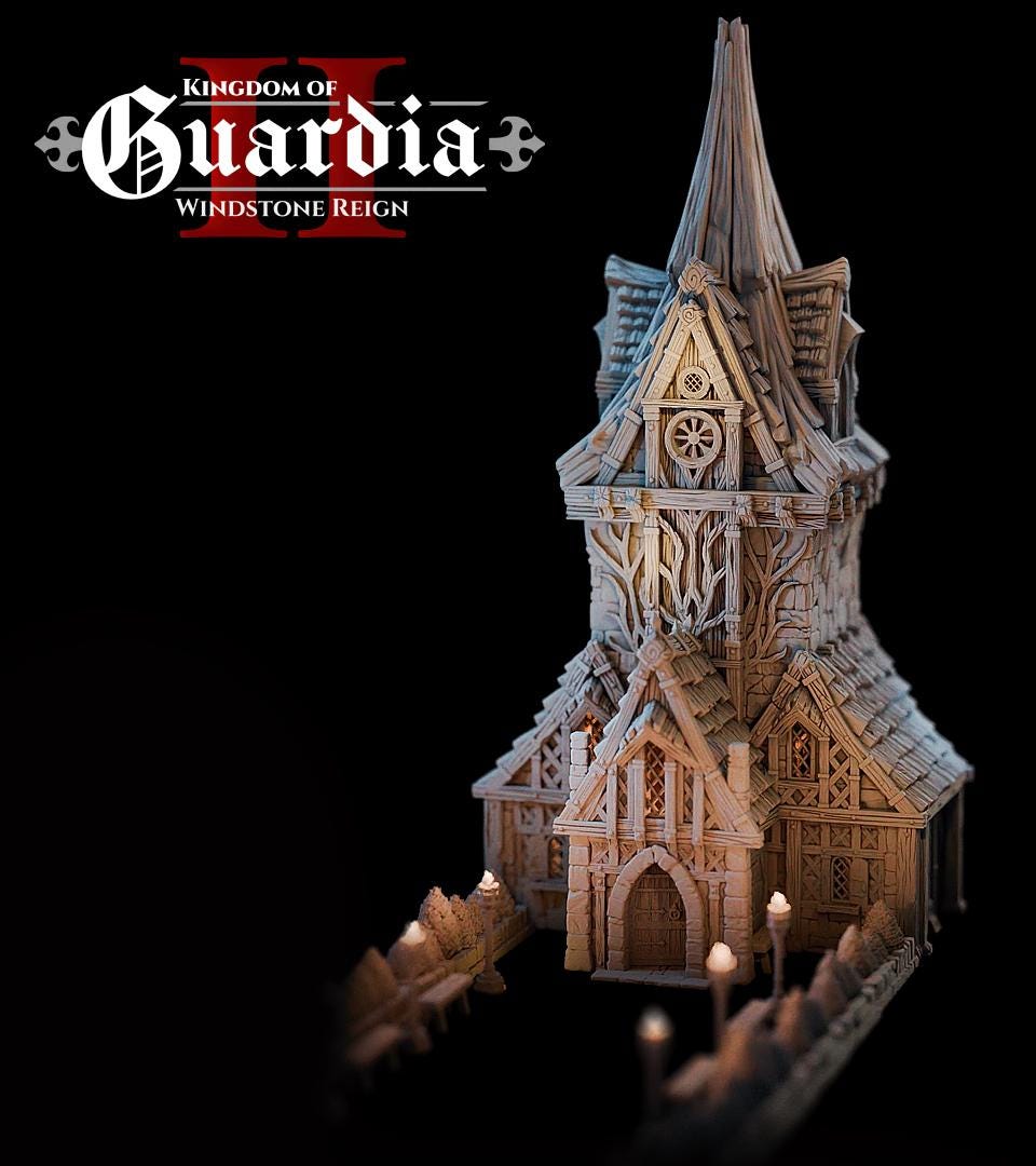 The Elderwood Chapel looms with reverence and danger. Roots climb its tower, torchlight guides its path, and its interior rooms glow with candlelit secrets — a perfect stage for faith, fear, and final encounters.
