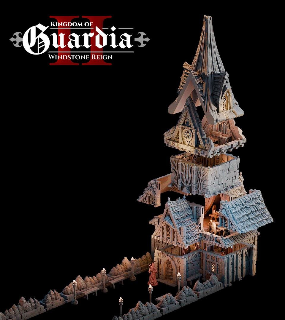 The Elderwood Chapel looms with reverence and danger. Roots climb its tower, torchlight guides its path, and its interior rooms glow with candlelit secrets — a perfect stage for faith, fear, and final encounters.