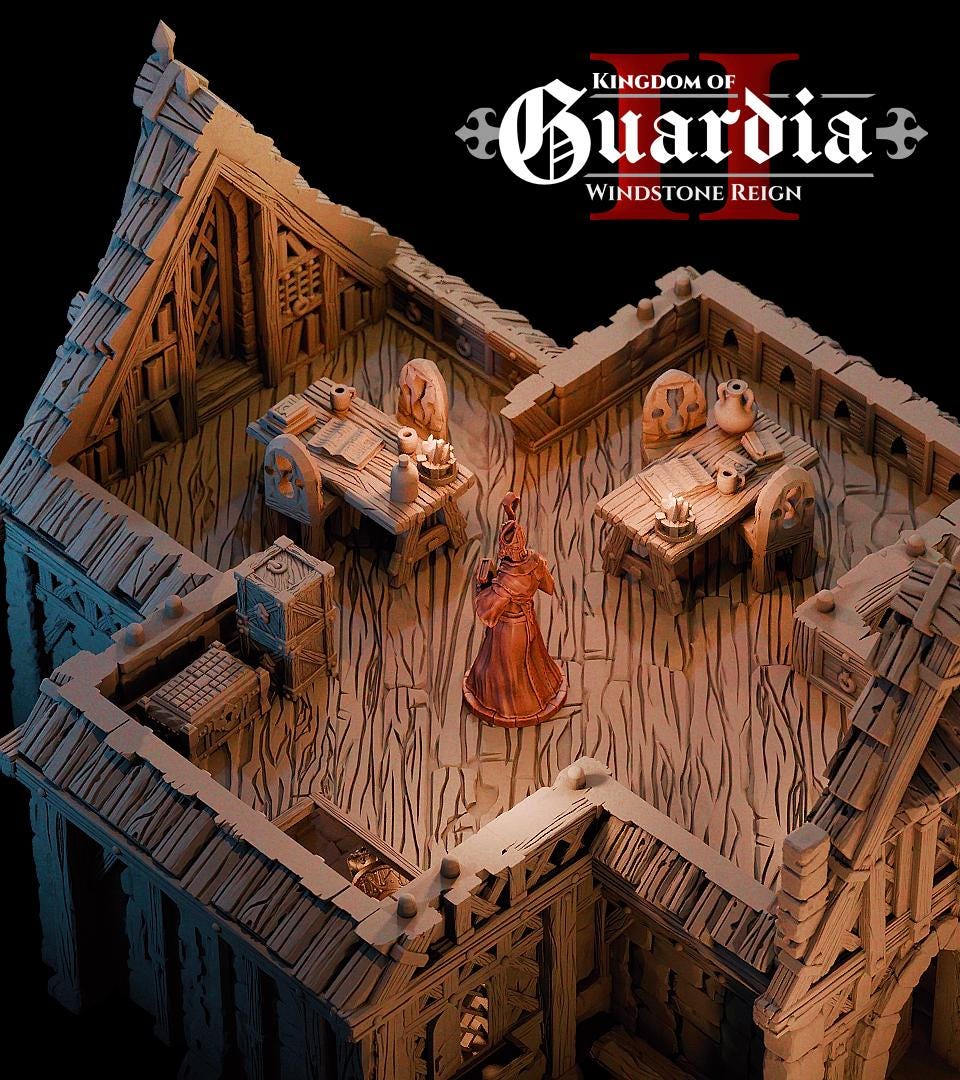 The Elderwood Chapel looms with reverence and danger. Roots climb its tower, torchlight guides its path, and its interior rooms glow with candlelit secrets — a perfect stage for faith, fear, and final encounters.