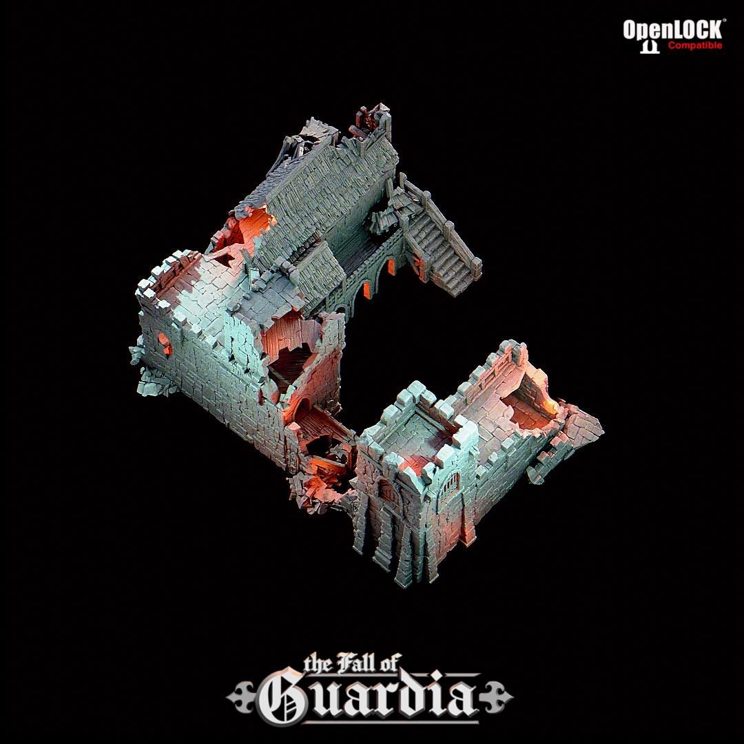 A war-torn corner of the ruined city: the shattered bell tower looms over the broken barracks, stone stairs leading into shadowed halls, while firelight flickers through crumbled windows. The fall of Guardia—etched in every stone.