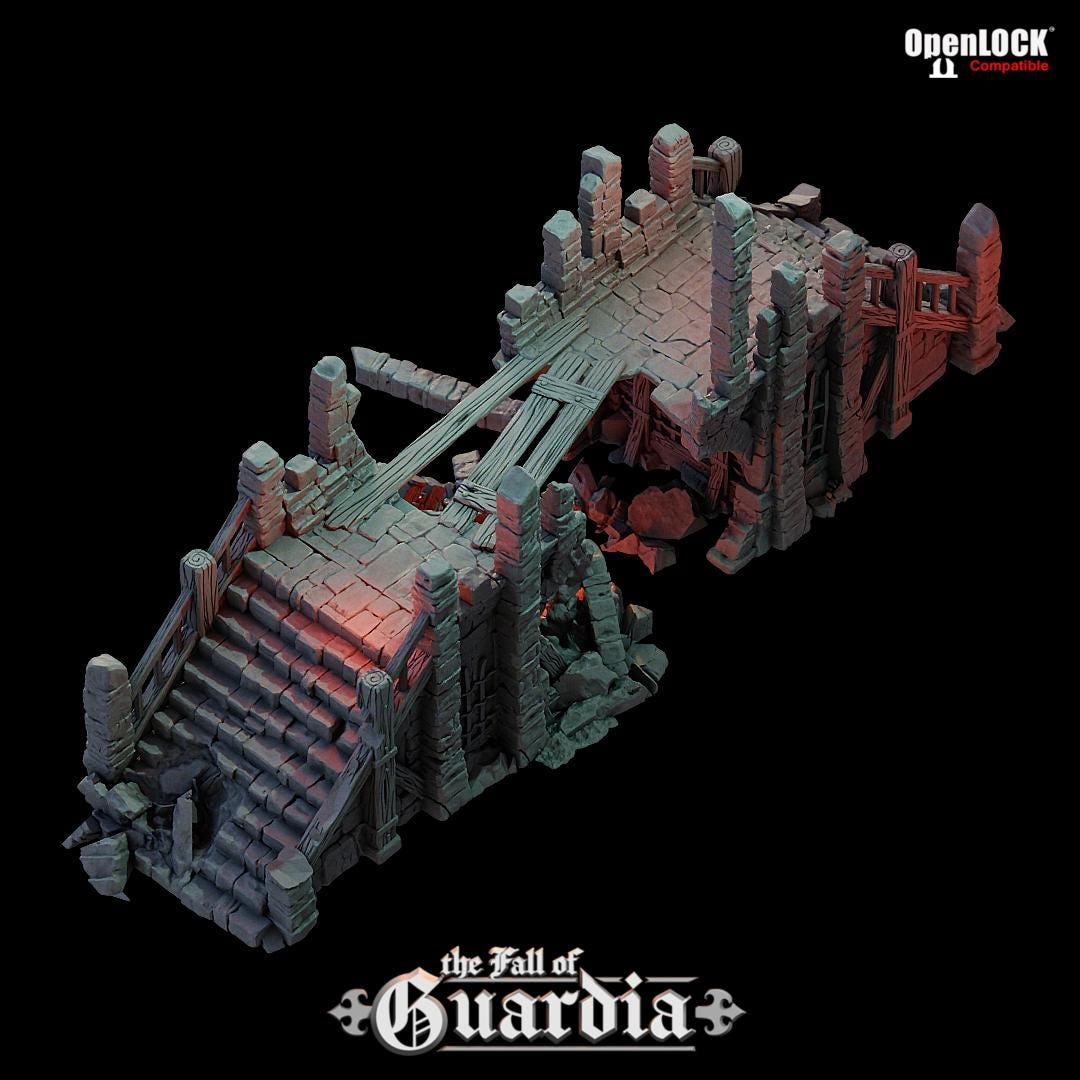 Ruined Castle Bridge: Medieval Bridge Ruin 28MM Tabletop Terrain, Model Railroading, Gaming