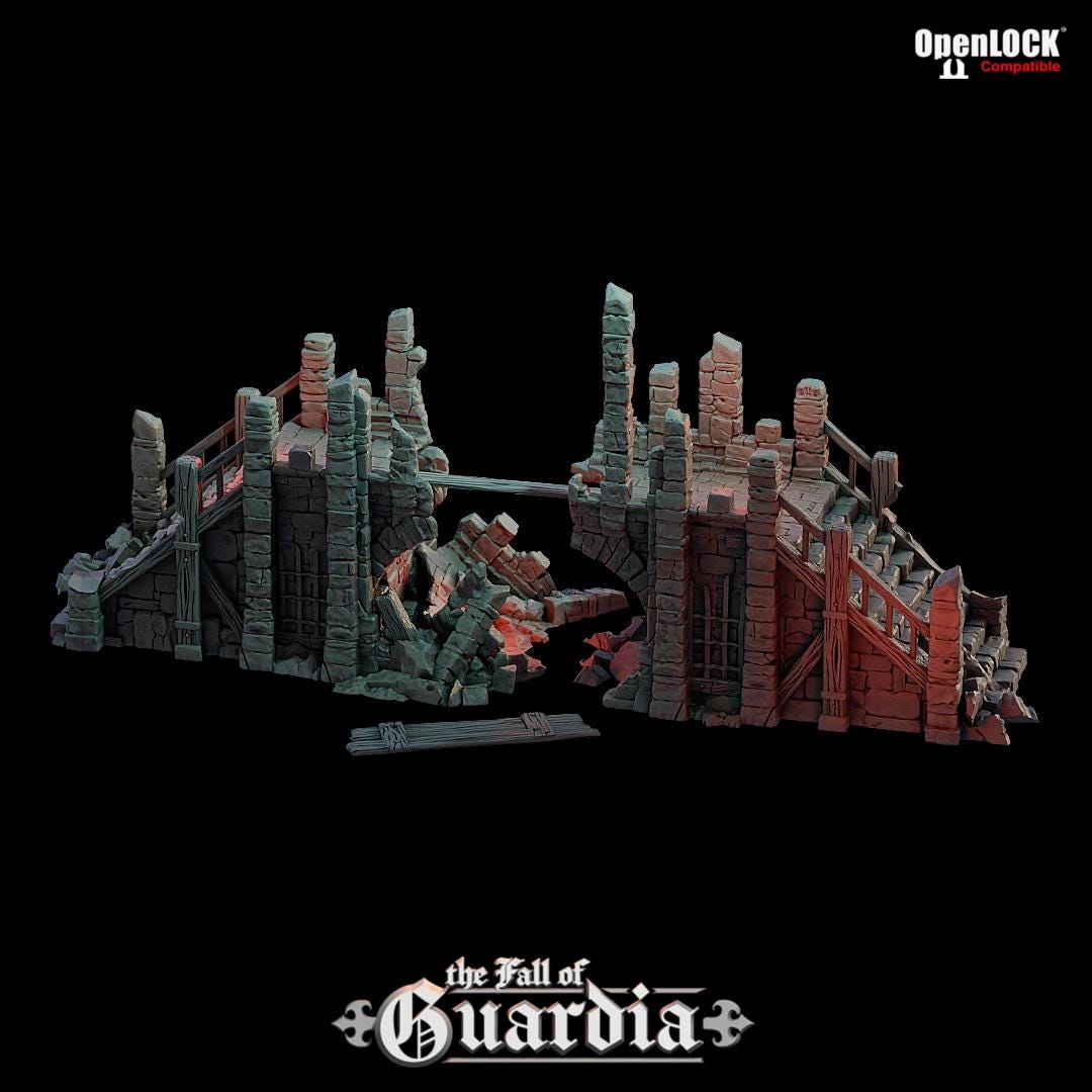 Ruined Castle Bridge: Medieval Bridge Ruin 28MM Tabletop Terrain, Model Railroading, Gaming