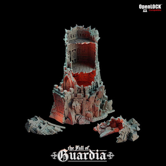 The Outpost Tower stands in ruin, its jagged stone face open to the elements. Scorched floors, crumbling archways, and fractured wood spill from every level. Where once a guard watched the borderlands, only shadows remain.