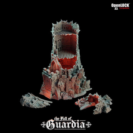 The Outpost Tower stands in ruin, its jagged stone face open to the elements. Scorched floors, crumbling archways, and fractured wood spill from every level. Where once a guard watched the borderlands, only shadows remain.