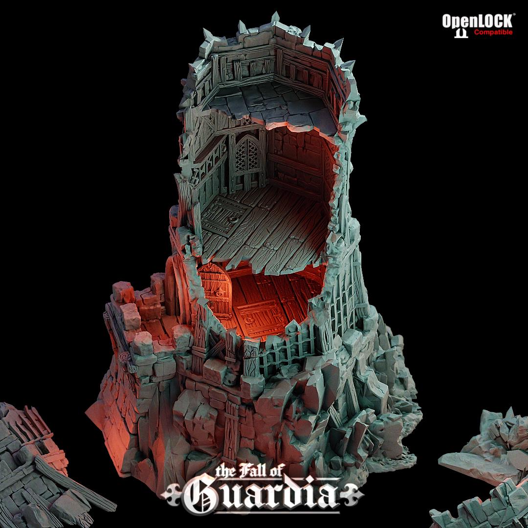 The Outpost Tower stands in ruin, its jagged stone face open to the elements. Scorched floors, crumbling archways, and fractured wood spill from every level. Where once a guard watched the borderlands, only shadows remain.