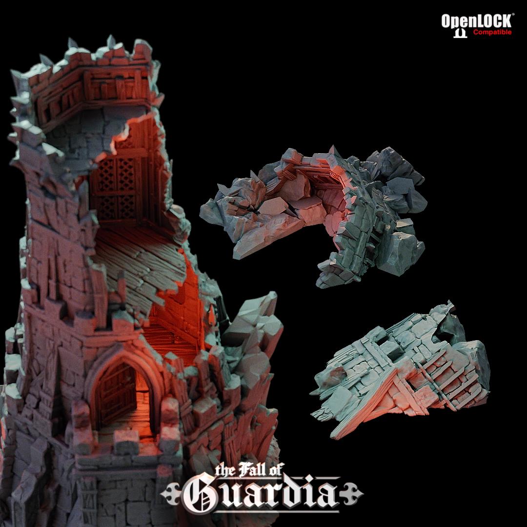 The Outpost Tower stands in ruin, its jagged stone face open to the elements. Scorched floors, crumbling archways, and fractured wood spill from every level. Where once a guard watched the borderlands, only shadows remain.