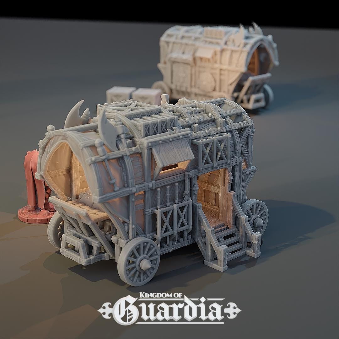A rugged wooden weapons wagon rolls into the fray, bristling with axes, shield plates, and armored trim. Its open interior reveals benches and a figure emerging from within—ready for combat or escape. Every plank, latch, and wheel feels like it’s seen a hundred battles.