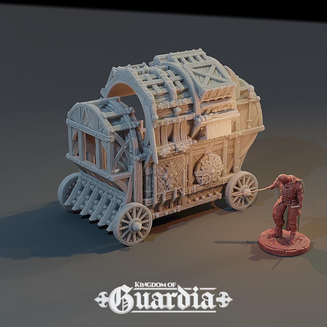 A rugged wooden weapons wagon rolls into the fray, bristling with axes, shield plates, and armored trim. Its open interior reveals benches and a figure emerging from within—ready for combat or escape. Every plank, latch, and wheel feels like it’s seen a hundred battles.
