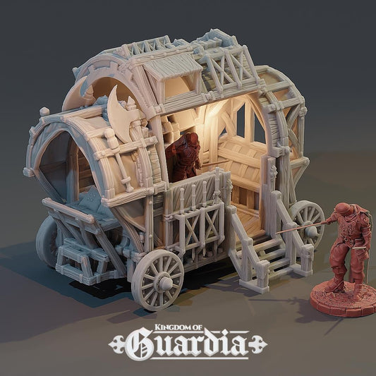 A rugged wooden weapons wagon rolls into the fray, bristling with axes, shield plates, and armored trim. Its open interior reveals benches and a figure emerging from within—ready for combat or escape. Every plank, latch, and wheel feels like it’s seen a hundred battles.