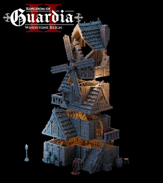 A towering windmill pierces the dark sky, each floor layered with secrets—from the cozy quarters of a lone keeper to the enigmatic gears still grinding above. Lit from within, this terrain piece beckons adventurers into its mysteries. Barrels, sacks, and crates scatter the exterior while removable levels reveal rooms built for story-rich exploration.