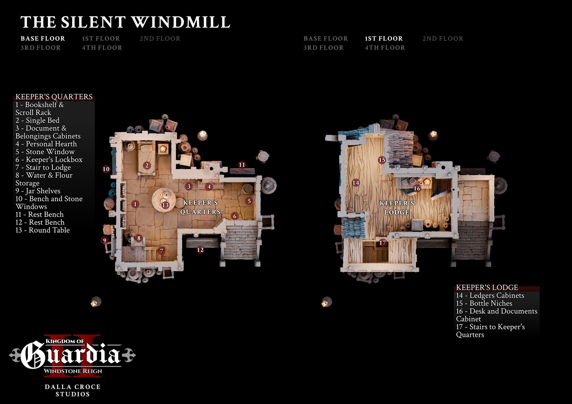 A towering windmill pierces the dark sky, each floor layered with secrets—from the cozy quarters of a lone keeper to the enigmatic gears still grinding above. Lit from within, this terrain piece beckons adventurers into its mysteries. Barrels, sacks, and crates scatter the exterior while removable levels reveal rooms built for story-rich exploration.