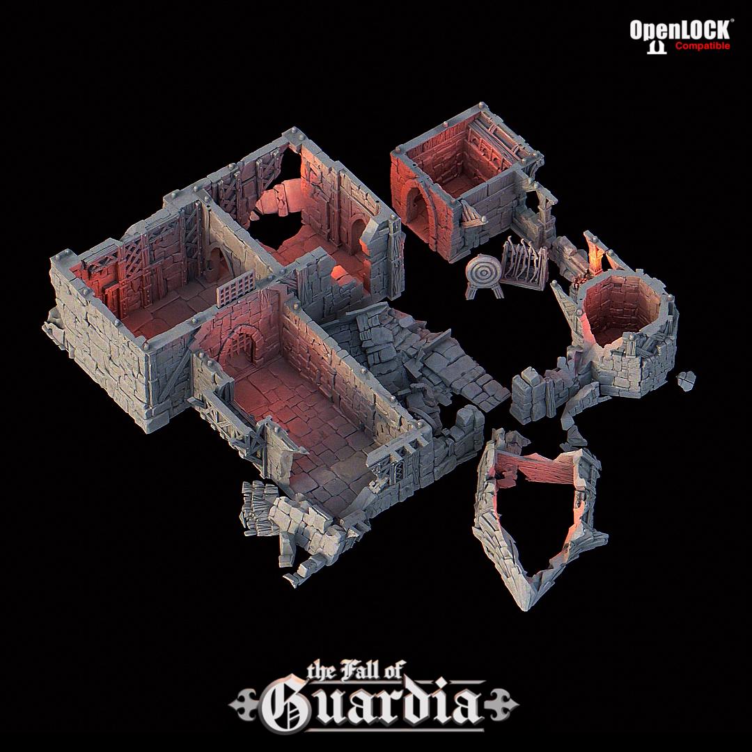 A crumbling medieval archery range lies in ruin—torn rooftops, shattered stone, and broken walls open up dramatic angles for gameplay. Through the fractured keep tower, spiral stairs climb past arrow slits and collapsed floors. Fires of siege long past still echo in the burnt-out interiors, ideal for ambushes or daring escapes.