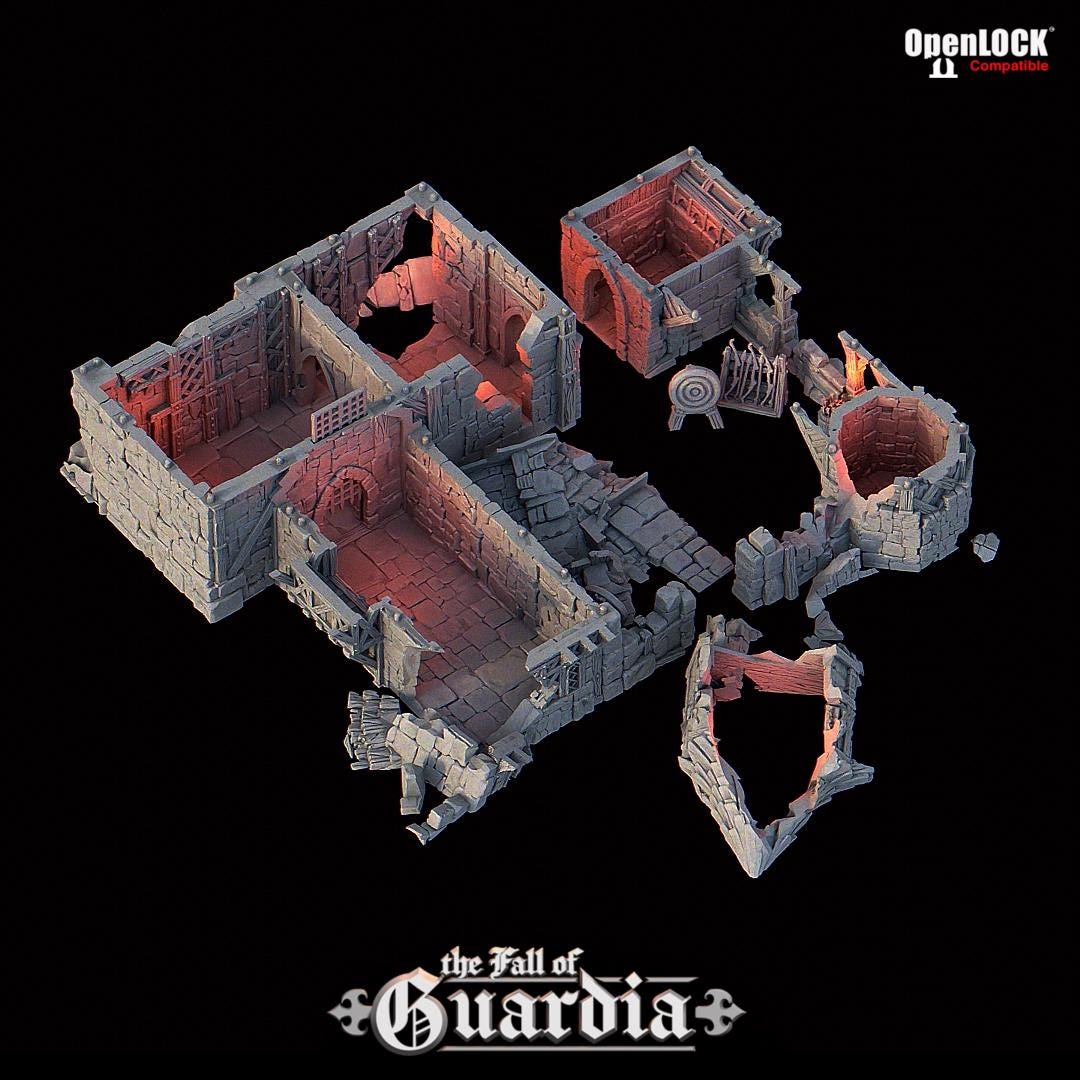 A crumbling medieval archery range lies in ruin—torn rooftops, shattered stone, and broken walls open up dramatic angles for gameplay. Through the fractured keep tower, spiral stairs climb past arrow slits and collapsed floors. Fires of siege long past still echo in the burnt-out interiors, ideal for ambushes or daring escapes.