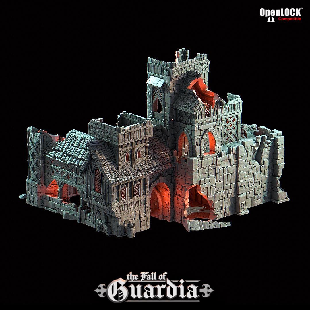 A crumbling medieval archery range lies in ruin—torn rooftops, shattered stone, and broken walls open up dramatic angles for gameplay. Through the fractured keep tower, spiral stairs climb past arrow slits and collapsed floors. Fires of siege long past still echo in the burnt-out interiors, ideal for ambushes or daring escapes.