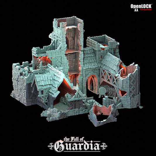 A crumbling medieval archery range lies in ruin—torn rooftops, shattered stone, and broken walls open up dramatic angles for gameplay. Through the fractured keep tower, spiral stairs climb past arrow slits and collapsed floors. Fires of siege long past still echo in the burnt-out interiors, ideal for ambushes or daring escapes.