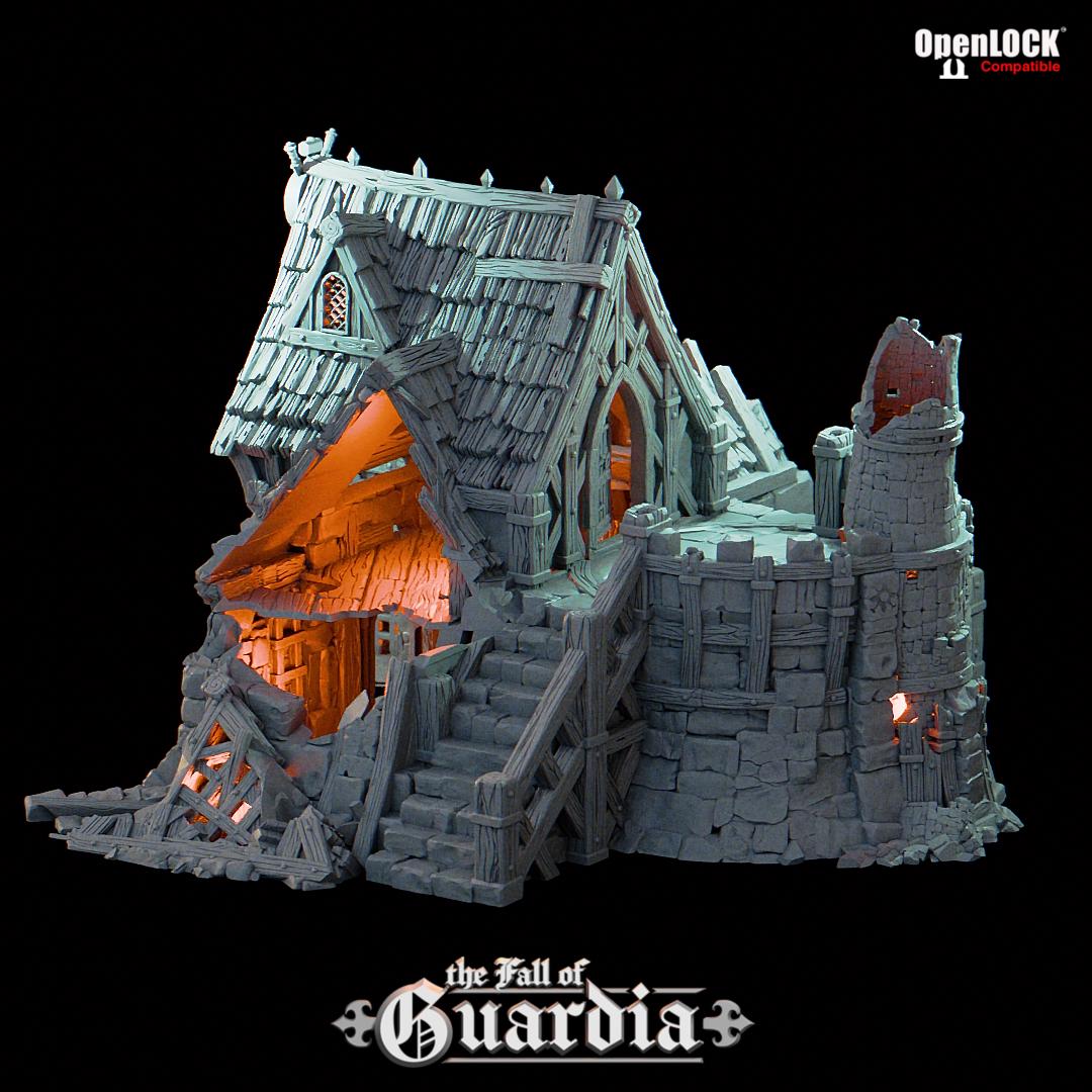 Shattered beams and scorched timbers cloak this ruined blacksmith’s lodge, once a pillar of the village’s lifeblood. Cracked stone stairs rise toward a broken tower forge, while open lofts and gated nooks tell of tools abandoned in haste. A perfect site for ambushes, relics, or reoccupation by darker forces.