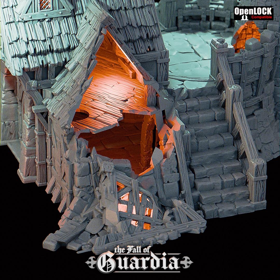 Shattered beams and scorched timbers cloak this ruined blacksmith’s lodge, once a pillar of the village’s lifeblood. Cracked stone stairs rise toward a broken tower forge, while open lofts and gated nooks tell of tools abandoned in haste. A perfect site for ambushes, relics, or reoccupation by darker forces.