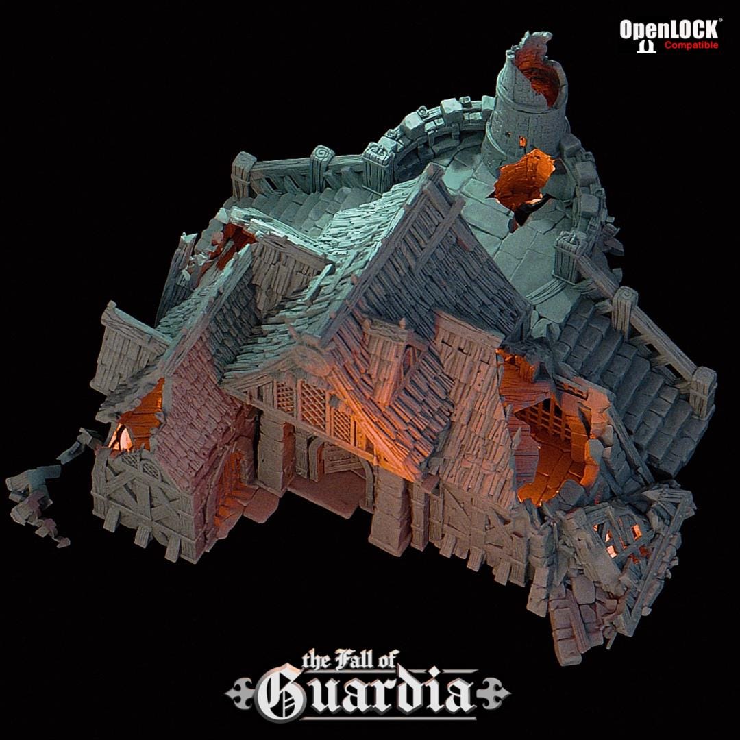 Shattered beams and scorched timbers cloak this ruined blacksmith’s lodge, once a pillar of the village’s lifeblood. Cracked stone stairs rise toward a broken tower forge, while open lofts and gated nooks tell of tools abandoned in haste. A perfect site for ambushes, relics, or reoccupation by darker forces.