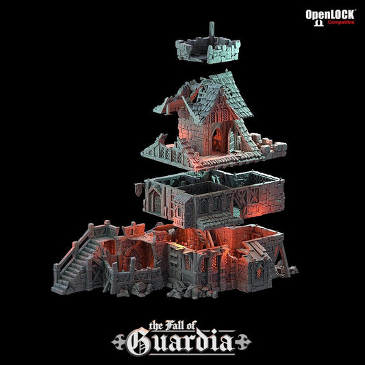Cracked stone and broken timber reveal the bones of a once-mighty inn. A knight’s keep now lies shattered—its balconies warped, its watchtower breached. Light pours through gaping holes in its frame, illuminating tavern halls, dungeon stairs, and relics forgotten. A battlefield, a home, or a trap—only your story decides.