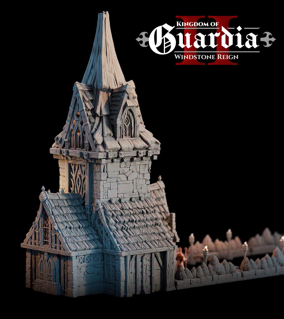 The Elderwood Chapel looms with reverence and danger. Roots climb its tower, torchlight guides its path, and its interior rooms glow with candlelit secrets — a perfect stage for faith, fear, and final encounters.
