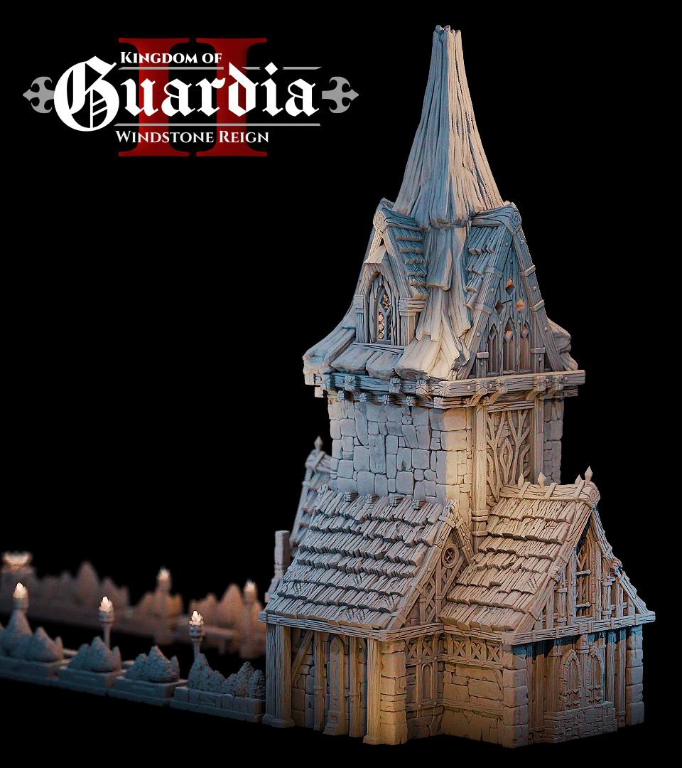 The Elderwood Chapel looms with reverence and danger. Roots climb its tower, torchlight guides its path, and its interior rooms glow with candlelit secrets — a perfect stage for faith, fear, and final encounters.